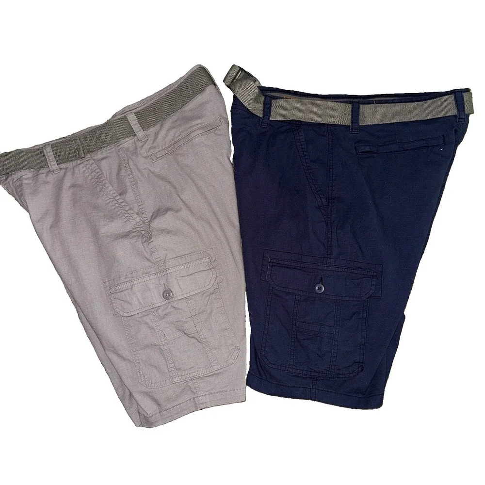 Wearfirst Mens Cargo Shorts 2 Pair Lot Belts Khaki Navy 36 Flex Waist 11